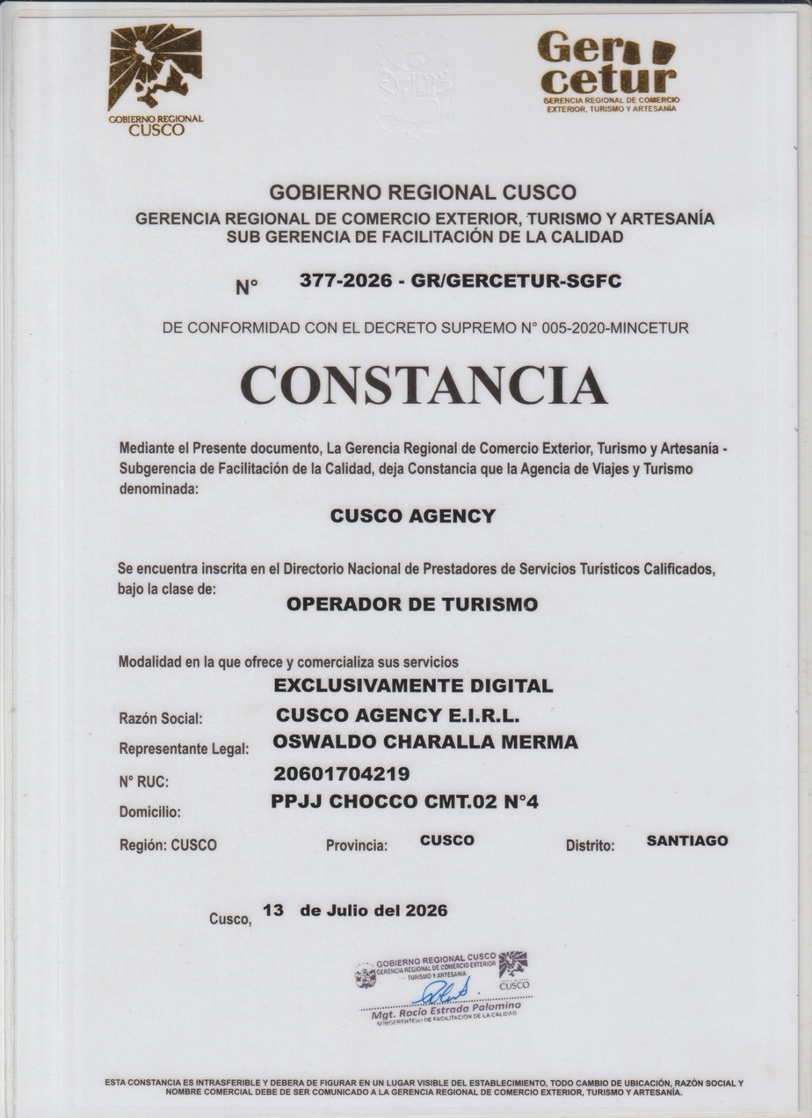 Constancia GERCETUR Cusco Agency